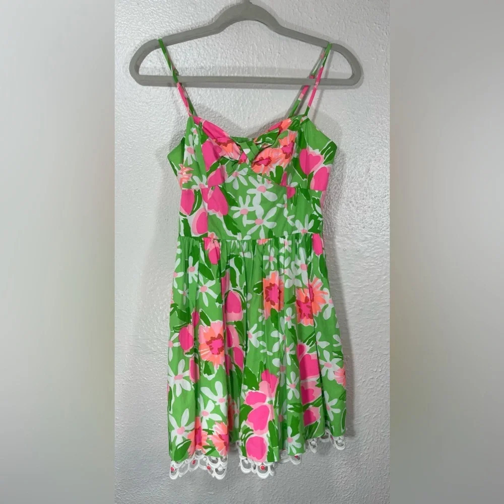 Lilly Pulitzer Mccauly Green & Pink Floral Cotton Knot Front Dress Women’s Sz 2